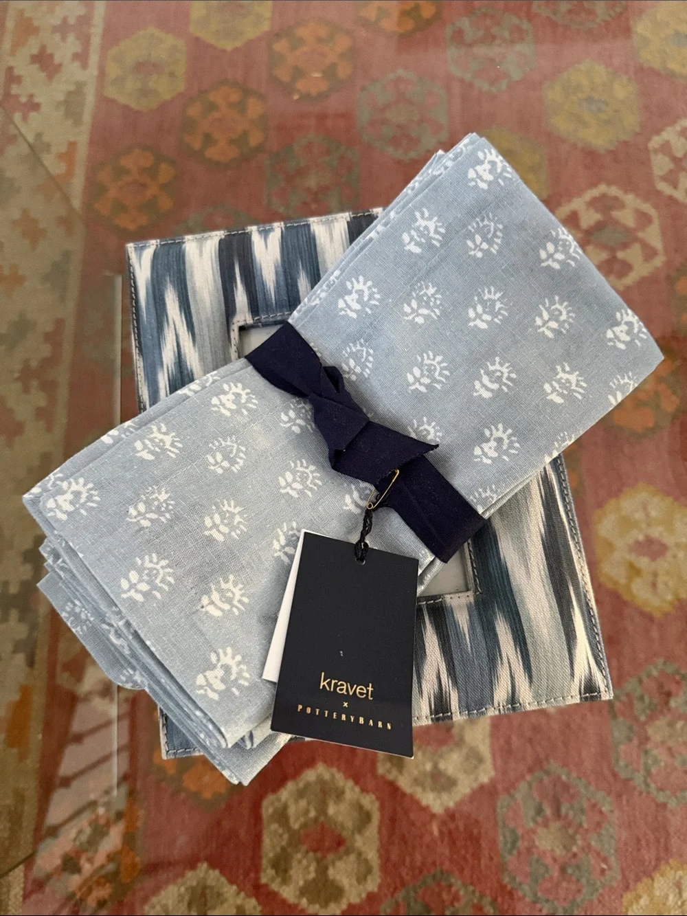 Pottery Barn Light Blue and White Floral Cotton Napkins - Set